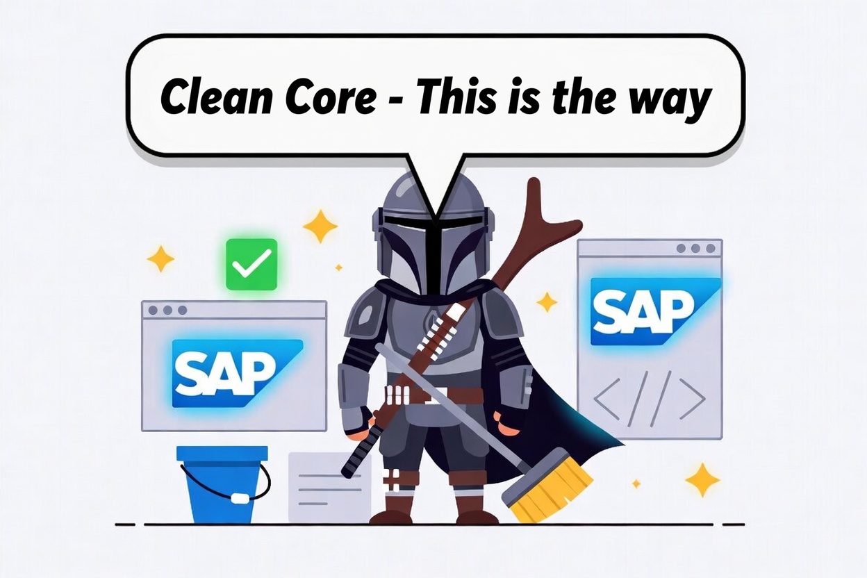 Mandalorian holding a mop with speech bubble: Clean Core - This is the way